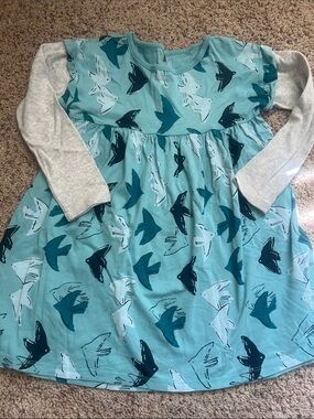Tea Collection Teal Bird-Print Dress with Gray Sleeves